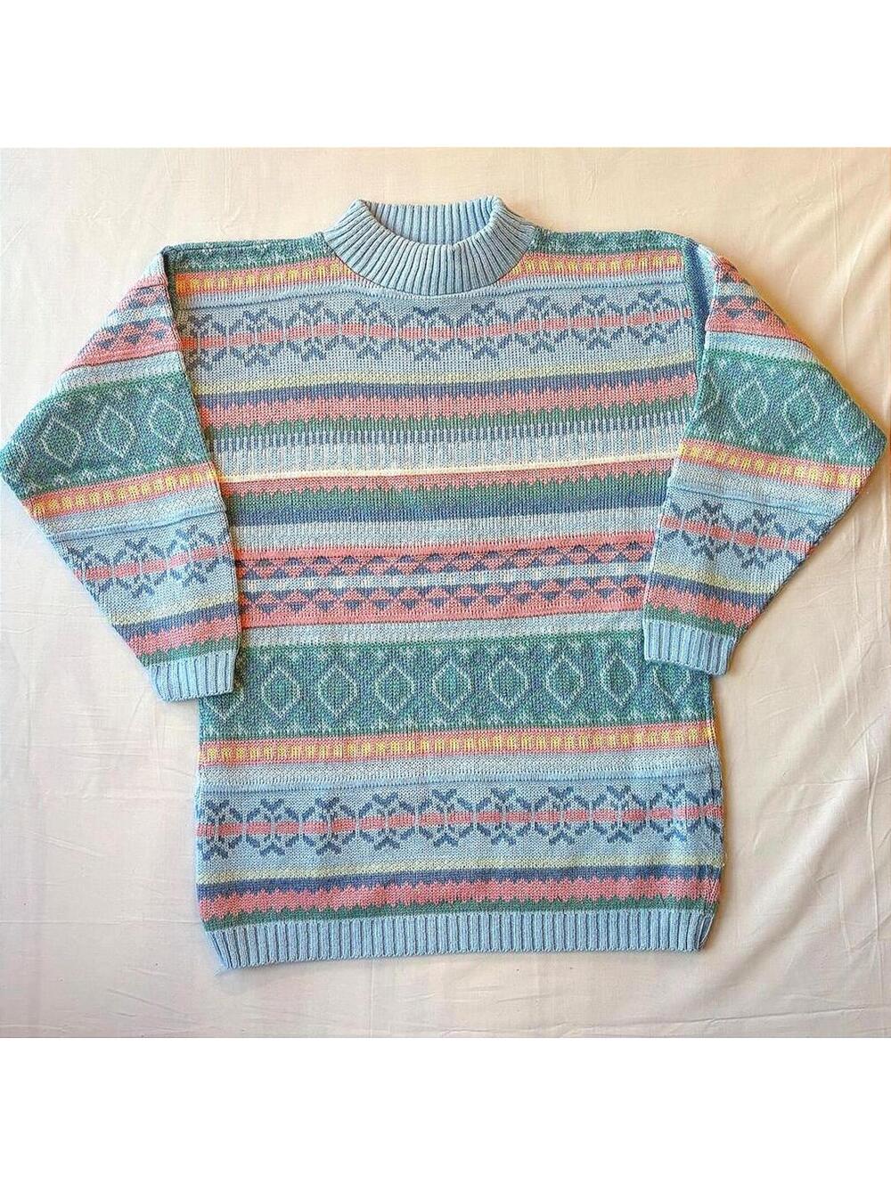 VTG 80s Jessica Roberts Pastel Fair Isle Nordic Mockneck Sweater Size Large